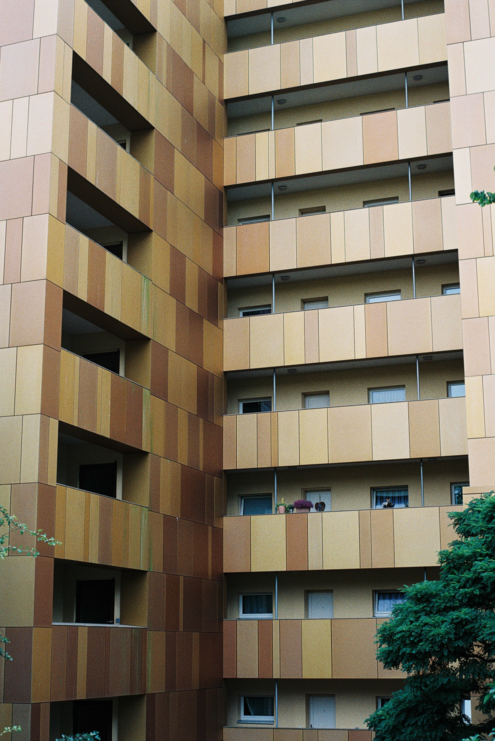 An apartment block decorated with large tiles of different yellow shades. Shot on Fujifilm Fujicolor C200.