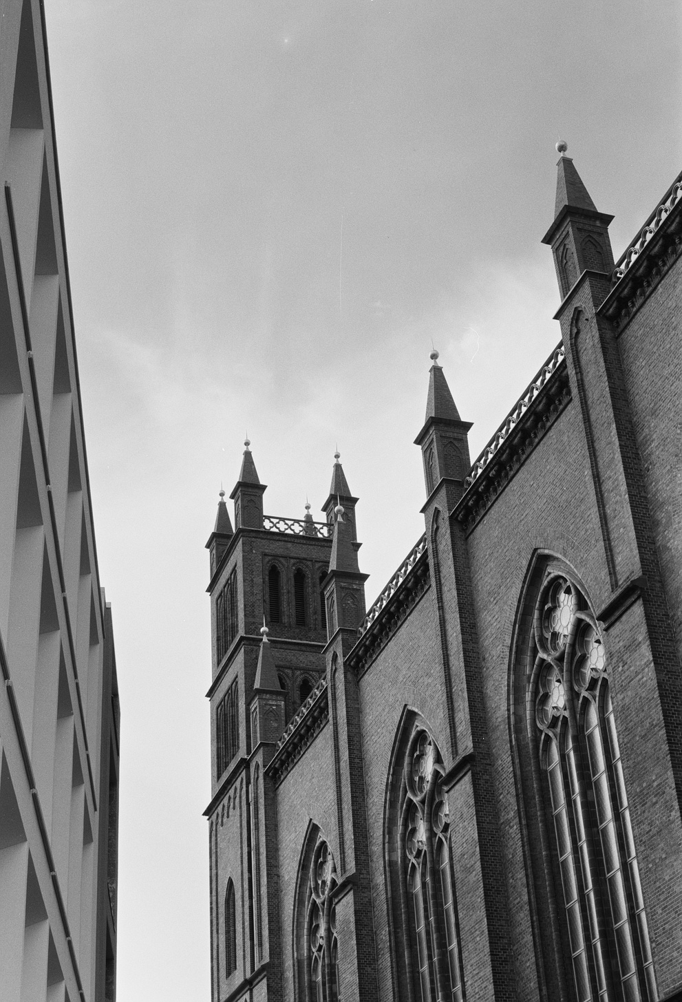 Friedrichswerdersche church in Berlin from the backside alley. Shot on Kodak Tmax 100.